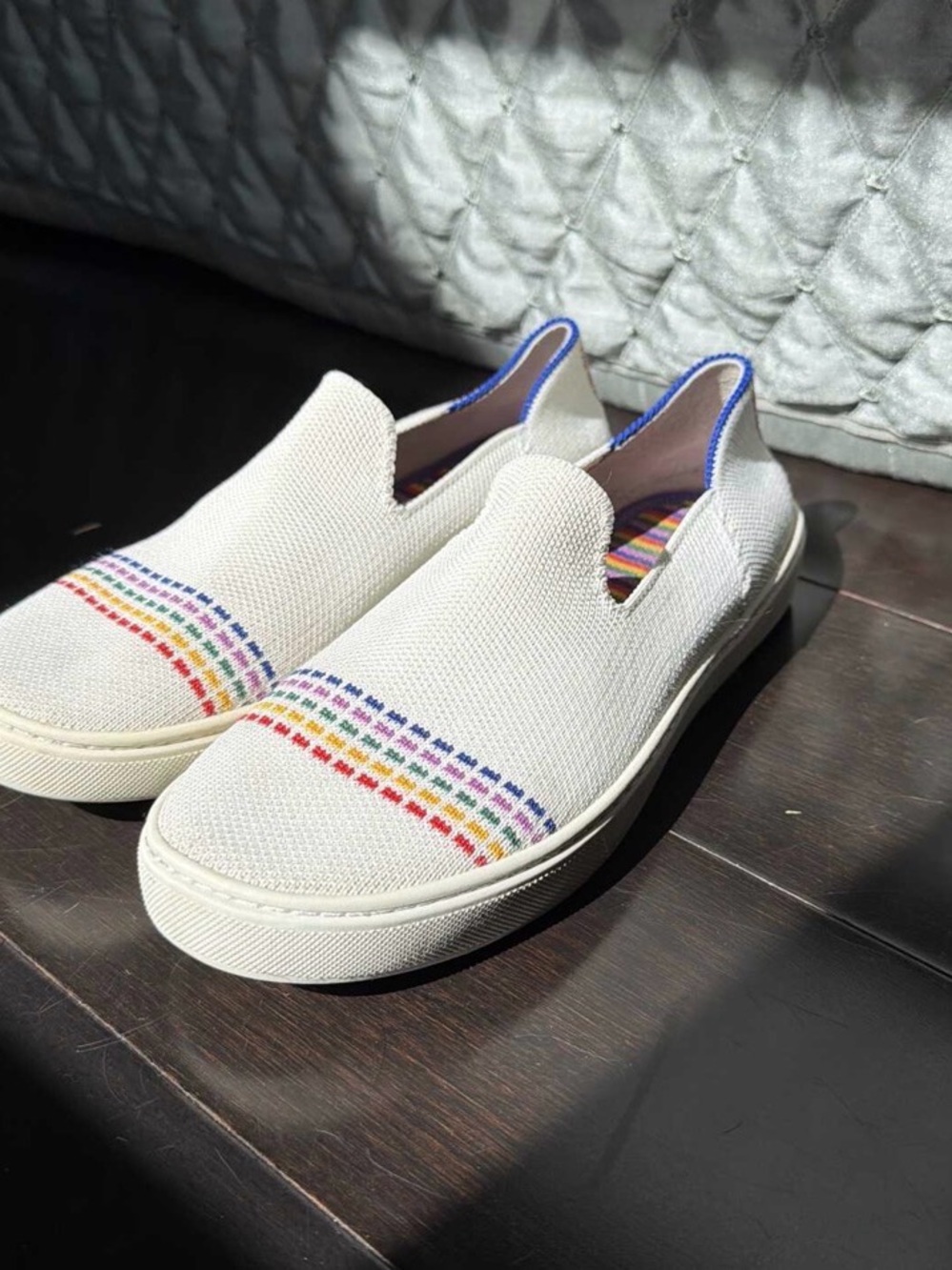 Rothy's White Slip-On Sneakers with Rainbow Stitch Detail